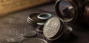 Gold ancient coins on a desk