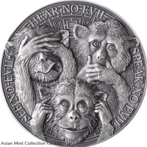 2022 - Three Wise Monkeys Life Quotes 1oz Coin 5 Cedis Republic of Ghana